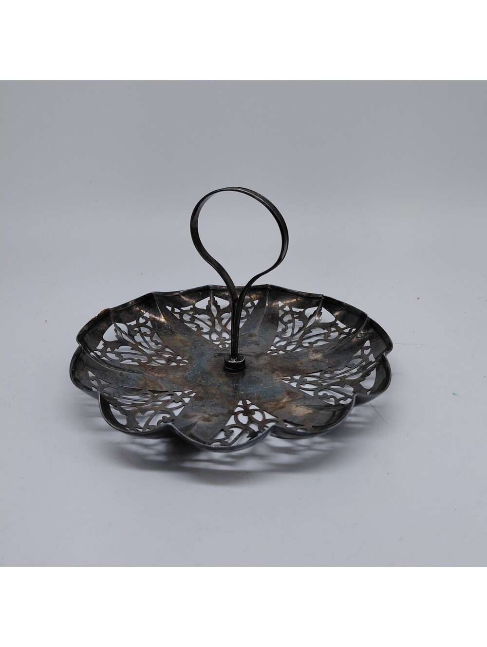 Vintage 925 Sterling Silver Pierced Floral Basket Ring Handle Trinket Dish